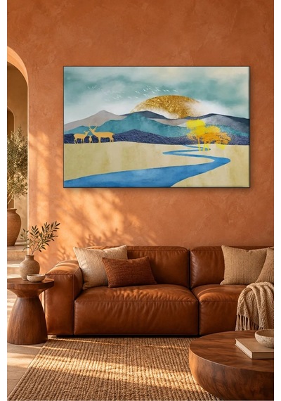 Fida Altın Güneş Ve Mavi Nehir Kıyısında Geyik Ailesi Canvas Tablo Çok Renkli