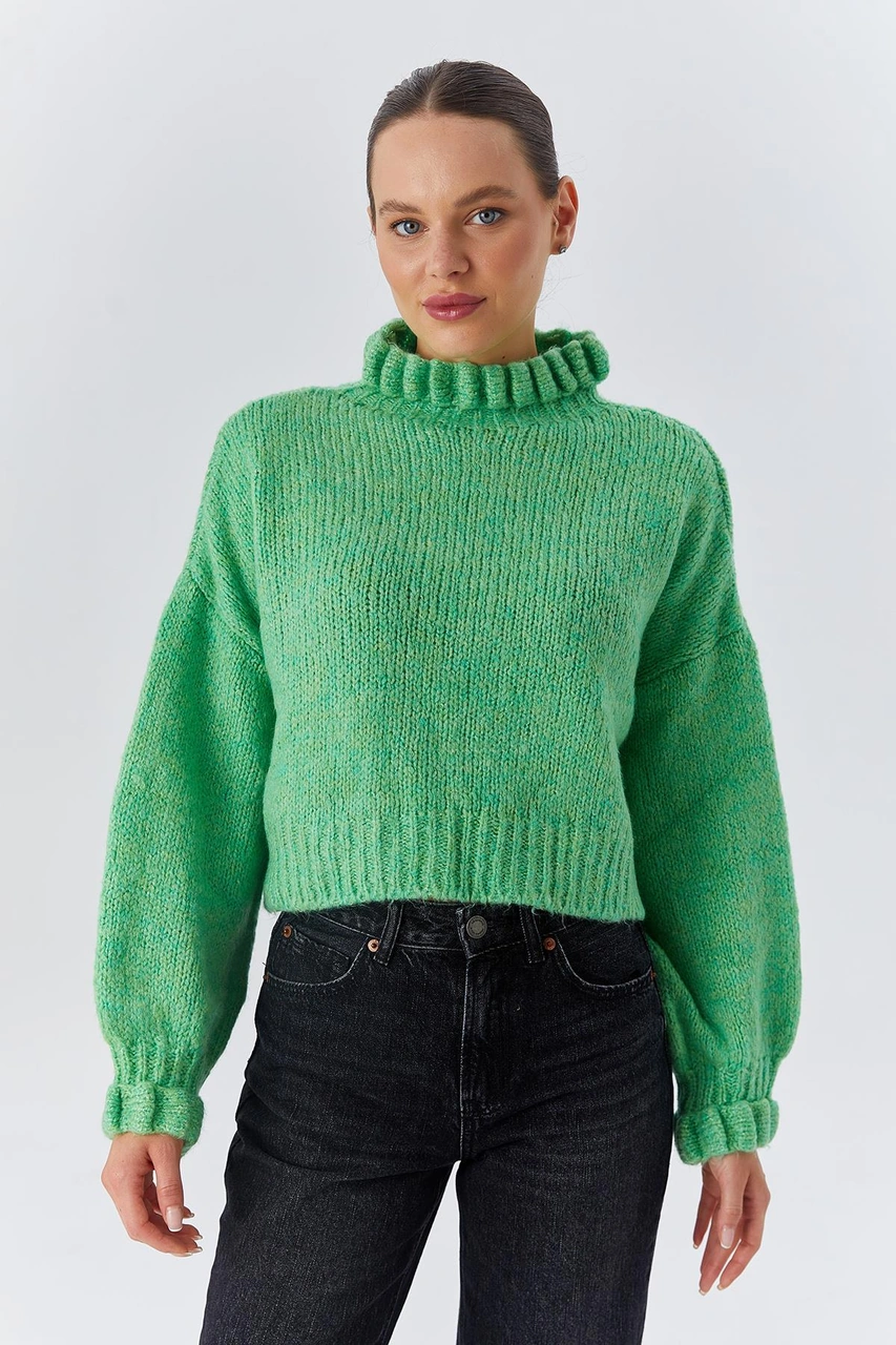 Mixray 6883 Kadın Fırfır Detay Crop Triko Kazak Mint