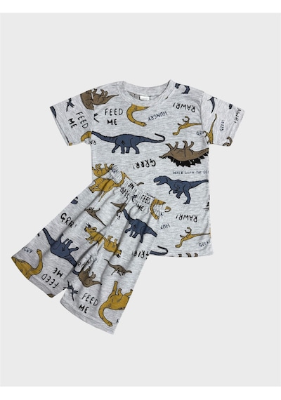 Aliş Kids Erkek Çocuk Pamuklu Gri Dinozor Desenli Kısa Kollu Şortlu Yazlık Pijama Takımı