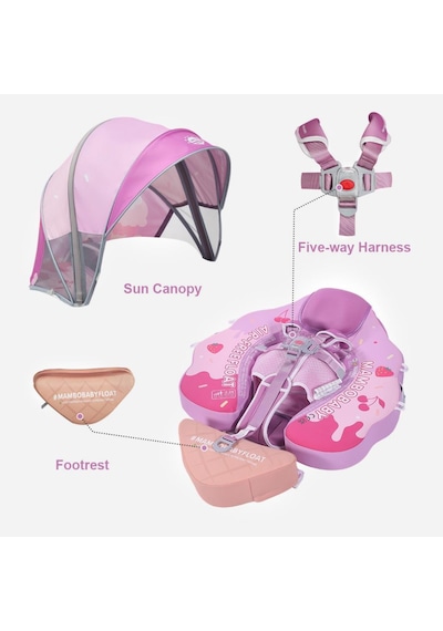 Mambobaby Yüzme Simidi - Pink Ice Cream, Emniyetli , Gölgelikli Ve Ayak Destekli