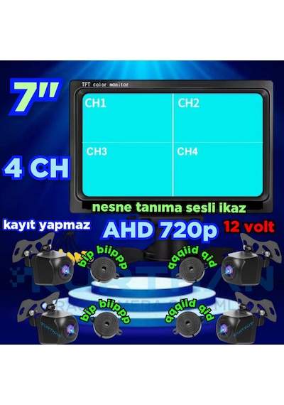 Kayıtsız 7 İnç Ekran Araç Ve Yaya Tanımalı Sesli İkazlı 4 Kamera