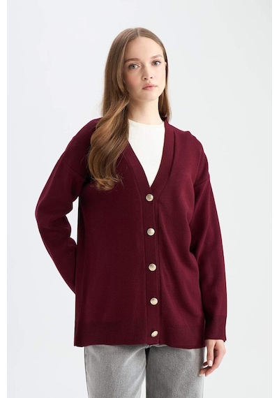Defacto Relax Fit V Yaka Hırka E6134ax25aubr459 Bordo