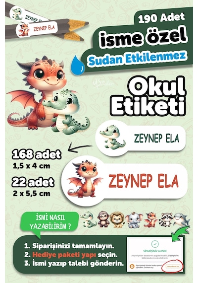 Okul Etiketi Kalem Defter İsimli Etiket Isim Yazılabilen Sevimli Hayvanlar - 190 Adet Özel Tasarım Çok Renkli