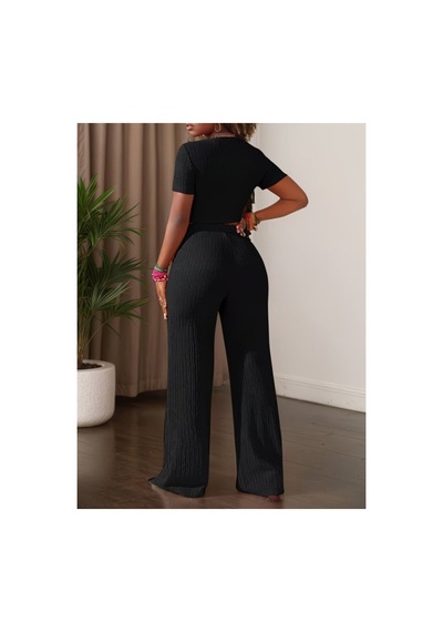 Butik İstanbul Kadın Kısa Kollu Bisiklet Yaka Bürümcük Krop Bluz Ve Pantolon Ikili Takım Siyah