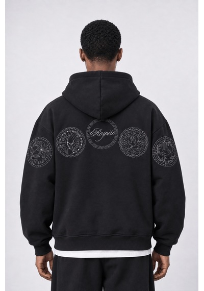 Respire Erkek Rosette Nakışlı Oversize Hoodie Siyah