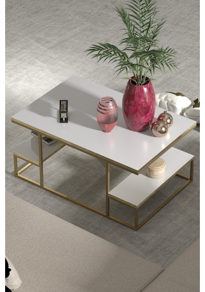 Reyo Falez Deluxe Raflı Orta Sehpa 60x90 Cm Modern Dikdörtgen Orta Sehpa Gold Beyaz Gold - Beyaz