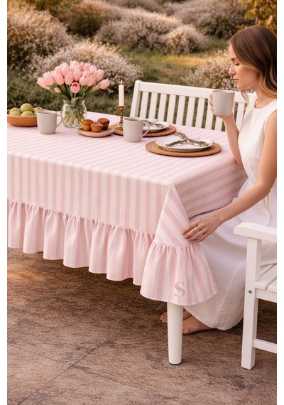 Buldan Keteni Fırfırlı Vintage Pembe Çizgili Masa Örtüsü Çok Renkli