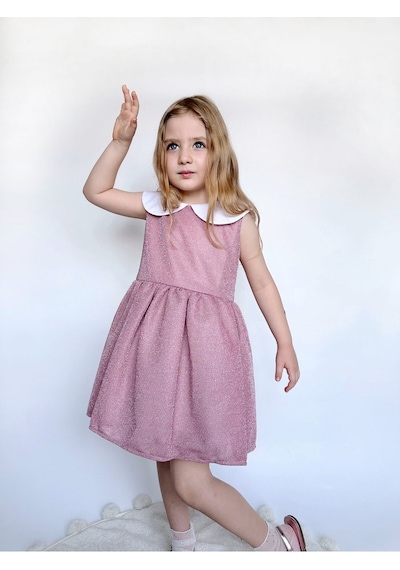 Linola Baby Kids Shiny Simli Bebe Yakalı Çocuk Elbisesi Pembe