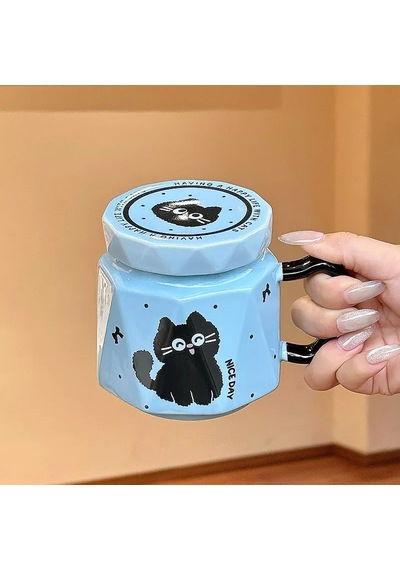 3d Kedi Figürlü Kapaklı Kupa Bardak Mavi