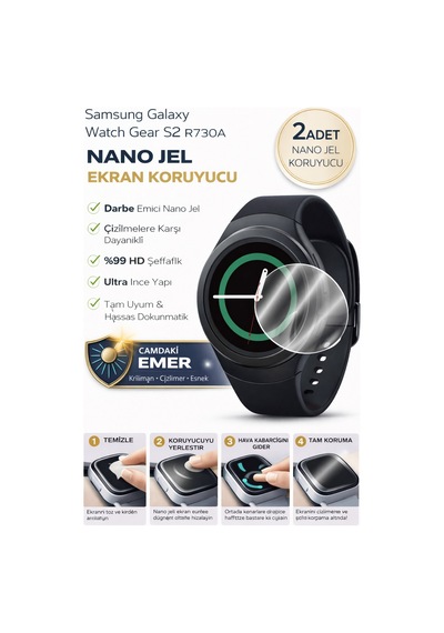 Samsung Galaxy Watch Gear S2 R730a Uyumlu Nano Jel Ekran Koruyucu 2 Adet Darbe Emici Tam Kaplayan