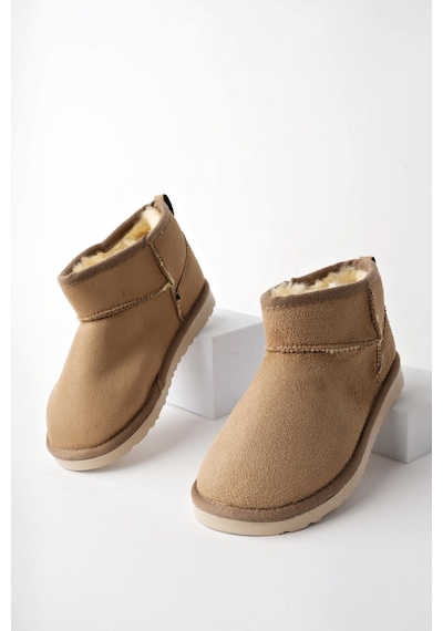 Muggo Snow Garantili Unisex Çocuk Kalın Taban İçi Tüylü Günlük Mini Yarım Bot Vizon