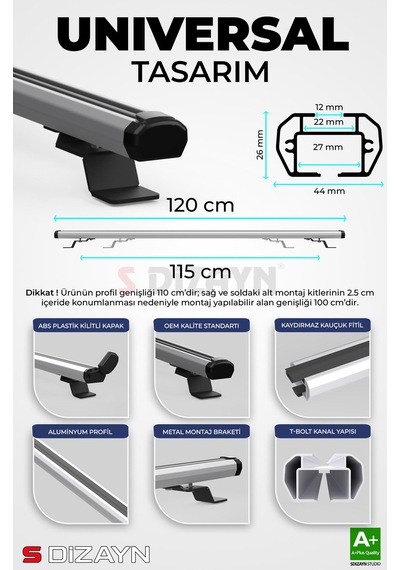 S-dizayn S-bar Cargo V1 Ara Atkı Tavan Taşıyıcı Barı Gri 120 Cm Universal A+ Kalite
