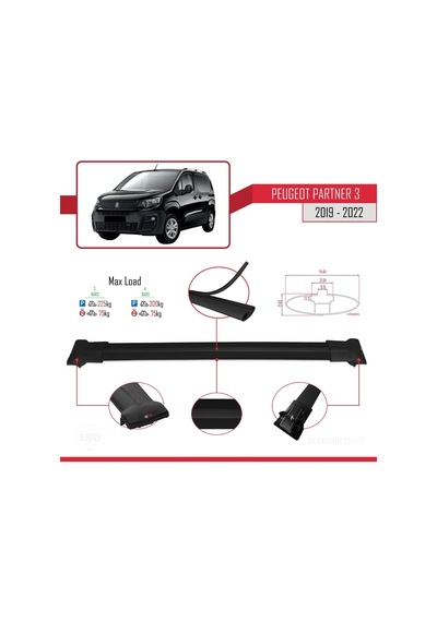 Peugeot Partner 2019-2022 Arası İle Uyumlu Fly Model Ara Atkı Tavan Barı Siyah 3 Adet Bar