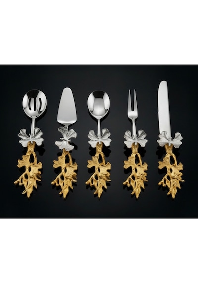 Kelebek Saplı 5 Li Metal Servis Seti Gold & Gümüş Renk Dekoratif Sunum & Servis Aksesuarı Altın