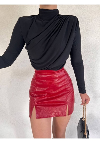 Lymens Modern Ve Şık Büzgülü Balıkçı Yaka Sandy Kumaş Bluz Siyah