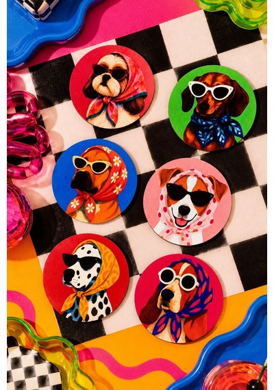 Köpek Desenli Bardak Altlığı 6 Lı Set Pop Art Tasarım, 9 Cm Mdf, Uv Dijital Baskı Çok Renkli