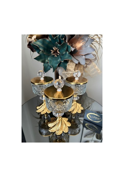 Timeless Ayaklı Ve Kapaklı 3'lü Cup Dondurmalık Servislik Sunumluk Şık Hediyelik Yuvarlak Kase Gold