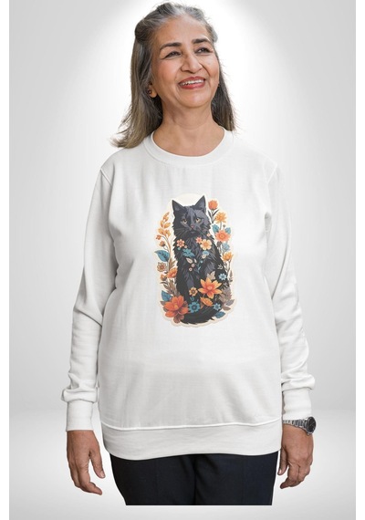 Çiçekli Siyah Kedi Etiket Unisex Beyaz Baskılı Sweatshirt Beyaz
