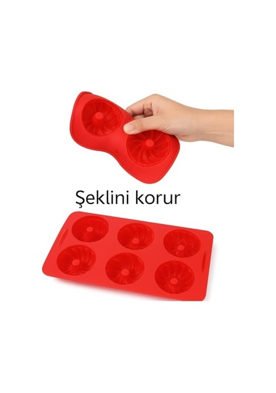 Vıvaluxe 6 Hazneli 2 Adet Silikon Kek Kalıbı, Avrupa Sınıfı Yivli Mini Kek Tavası, Kırmızı, Gıda Sınıfı Yap Diğer