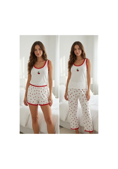 Mh Moony Homewears Fırfırlı Kiraz Dalı 3'lü Yumuşacık Pijama Kızıl