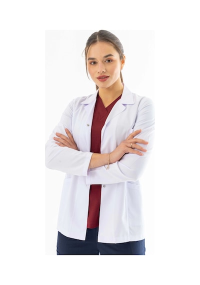 Spor Yaka Kulplu Kadın Doktor Önlüğü Alpaka Kumaş Ceket Boy Bko005 Beyaz