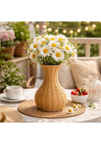 El Yapımı Hasır Vazo Doğal Rattan Dekoratif Saksı Bohem & Modern Ev Dekoru 23 Cm Açık Kahve