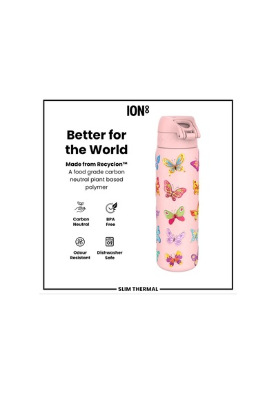 Ion8 - İnce Su Termosu - Kelebek - 500 Ml - Sızdırmaz Açık Beyaz