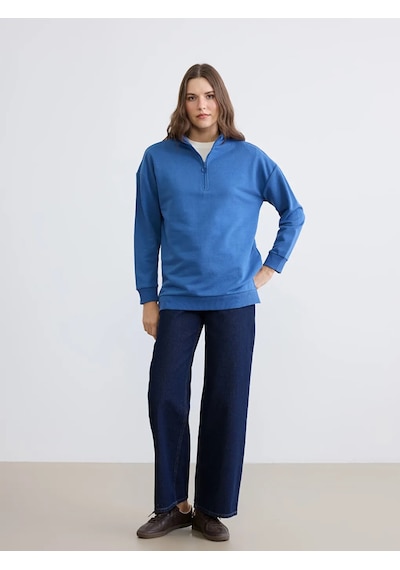 Lc Waikiki Mavi Dik Yaka Kadın Sweatshirt Tunik