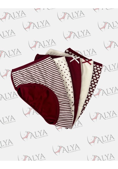 Alya Underwear Pamuklu Kadın Külot Slip Empirme Baskılı Yüksek Bel İç Çamaşırı - 5'li Paket - Lacivert Bordo P27