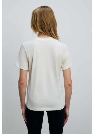Grımelange Alıne Kadın %100 Organik Pamuk Derin V Yakalı Comfort Fit Ekru T-shirt Ekru