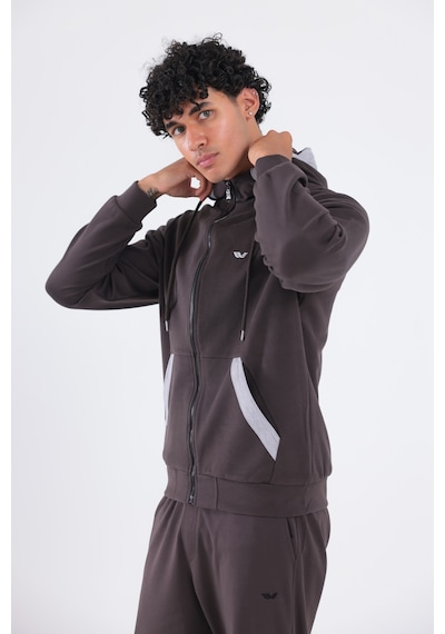 Rowinger Modal Kumaş Kapüşonlu Fermuarlı Kontrast Detaylı Erkek Sweatshirt Brown