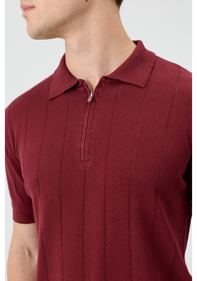 Antioch Fermuar Yaka Çizgili Triko Erkek T-shirt Koyu Bordo