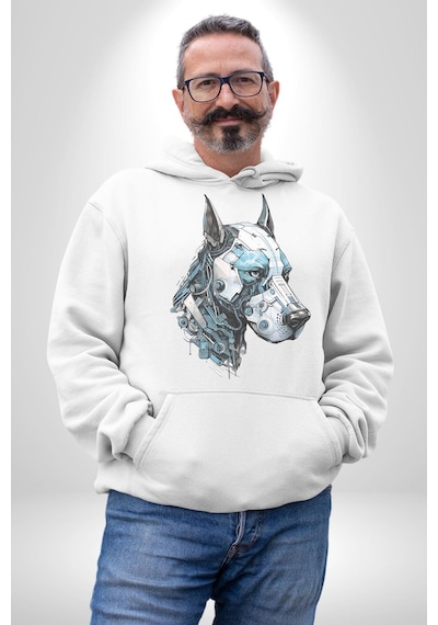 Robot Cyborg Köpek Doberman Kadın Erkek Beyaz Kapüşonlu Sweatshirt Hoodie Beyaz