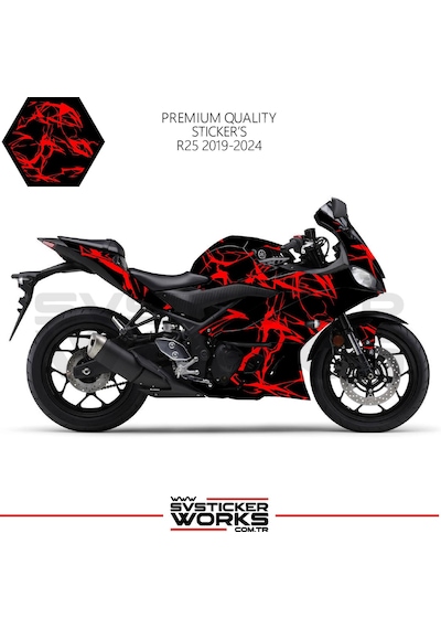 Yamaha R25 2019-2024 Kaplama Sticker Şimşek Yıldırım Motor Kaplama Modeli Hazır Kit 2019 / 2023 Uyumlu Kırmızı