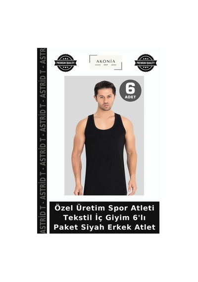 Astrid T Özel Üretim Spor Atleti Tekstil İç Giyim 6'lı Paket Siyah Erkek Atlet