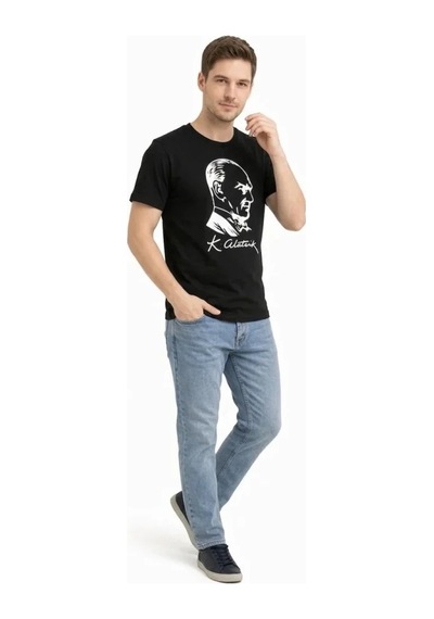 Efnaz Style Erkek Atatürk Baskılı Tişört Kısa Kollu Bisiklet Yaka T-shirt - Siyah