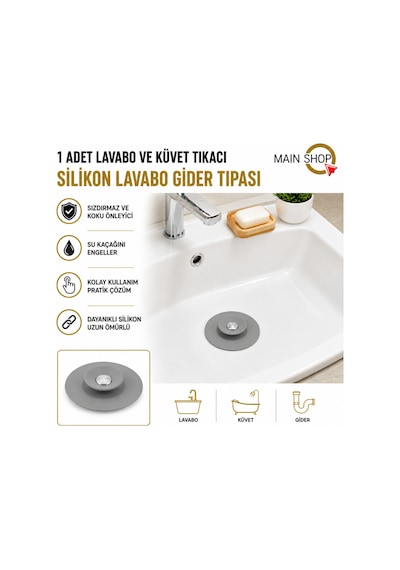 Mainshop Dokunmatik Lavabo Tıkacı Gri - Silikon Lavabo Gider Tipası - Kademeli Süzgeç Mutfak Ve Banyo M-1490