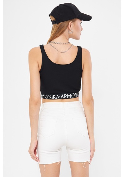 Armonika Kadın Siyah Beli Lastik Detaylı Crop Bluz Arm-24y001104