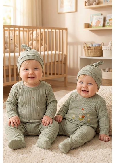 Babymod Çiçek Desenli Şapkalı 2'li Pamuklu Kız Bebek Tulum Set Yeşil