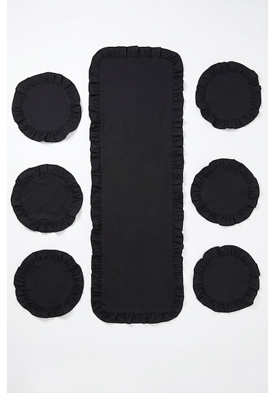 Yunusoğlu Home Fırfırlı Runner Ve Supla Takımı - Masa Örtüsü Takımı 7 Parça 150x50 Cm Siyah