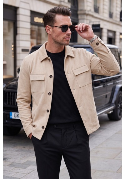 Rizzup Erkek Slim Fit Tüylenmeyen Kırışmayan Krem Süet Ceket Astarlı Gömlek Yaka 2704503