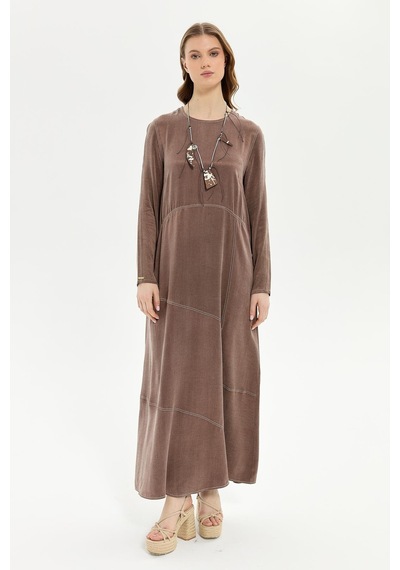 Müsemma Uzun Kol Maxi Elbise - Minimalist, Günlük, Doğal Kumaş Kahve