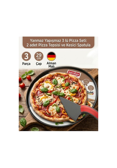 Yanmaz Yapışmaz Çelik 3 Lü Pizza Seti - 2 Adet 29 Cm Pizza Tepsisi Ve Kesici Spatula Dayanaklı Tava Siyah