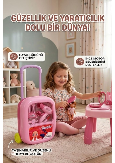 15 Parça Taşınabilir Tekerlekli Valizli Güzellik Seti Eğlenceli Kuaför Ve Makyaj Oyuncak Seti 1