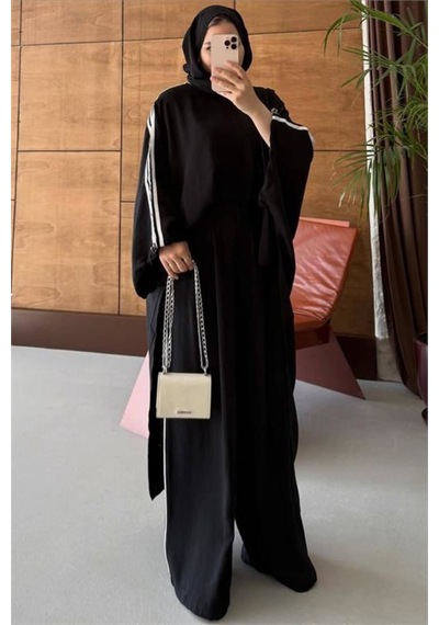 Neşeli Butik Kadın Siyah Şerit Detaylı Oversize Tunik Pantolon İkili Tesettür Takım Nms102