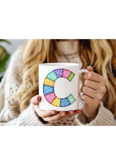 C Harfi Renkli Yamalı Tasarım Kupa Bardak - Bohem Patchwork Desenli Kupa - Etnik Hediyelik Beyaz