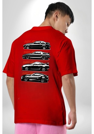Toyota Supra Mk Serisi Kırmızı Oversize Unisex Ön Ve Sırt Baskılı Tişört Kırmızı