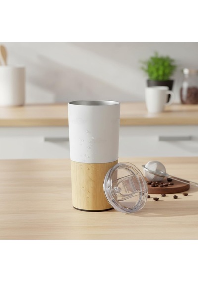 600 Ml Bambu Tabanlı Çelik Termos Mug - 5 Farklı Renk Seçenekli Sıcak Ve Soğuk Tutucu Seyahat Bardağı Beyaz Çok Renkli