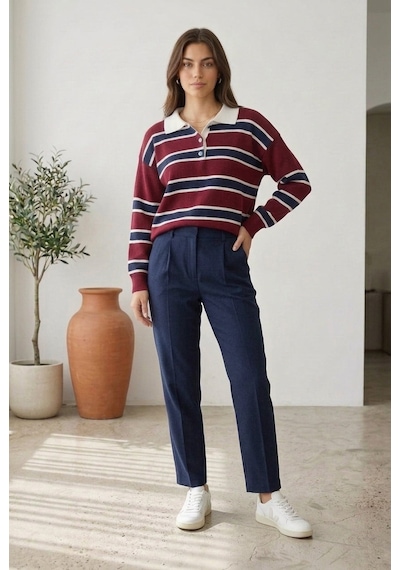Unika Boutique Kadın Polo Yaka Çizgili Triko Kazak Çok Renkli