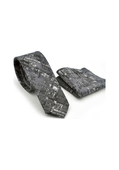 Gaffy Siyah Beyaz Motif Desenli Gri Dokuma Kumaş Mendilli Slim Fit Krav Siyah